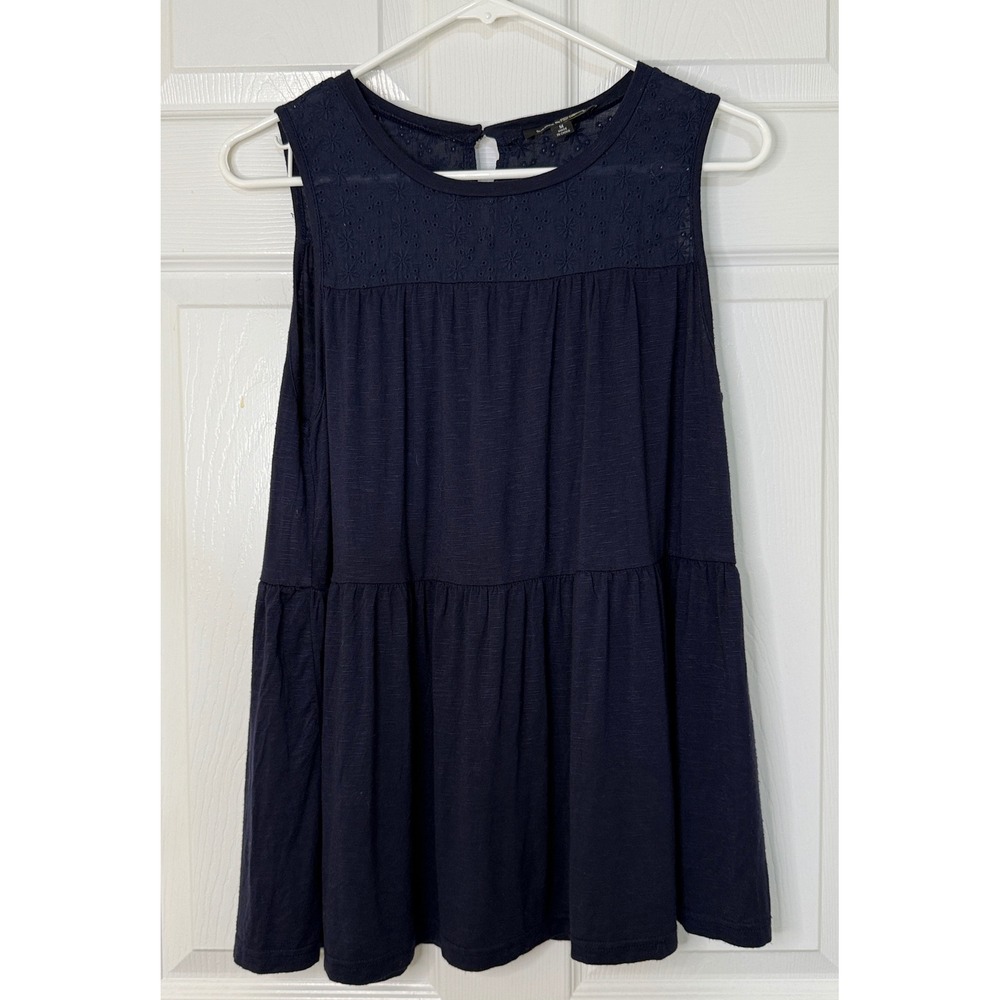 Suzanne Betro Top Women M‎ Navy Blue Excellent Tiered Eyelet Babydoll U0502076